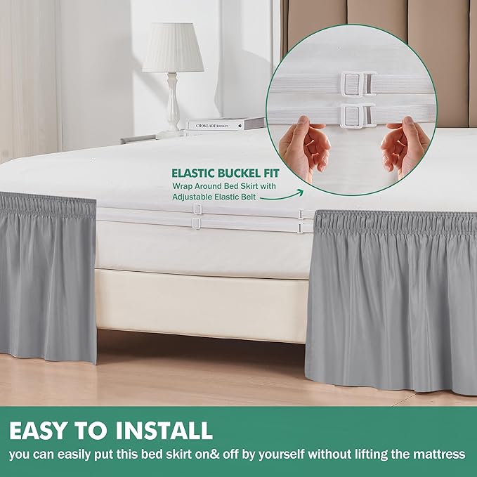 Biscaynebay Wrap Around Bed Skirts with Split Corners for King Beds 14" Drop, Silver Grey Elastic Dust Ruffles Adjustable Easy Fit Wrinkle & Fade Resistant Silky Luxurious Fabric Machine Washable