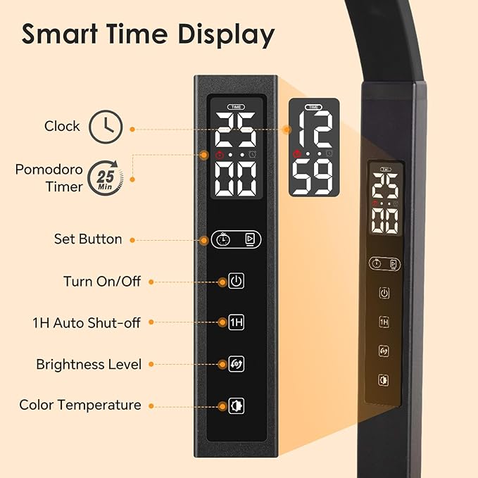 LED Desk Lamp for Office Home: Table Light with Base Pomodoro Timer, Clock LCD Display 5 Color Dimming Bright Lighting Desktop, Adjustable Flexible Gooseneck, Task Lamp for Reading Study Work Drafting
