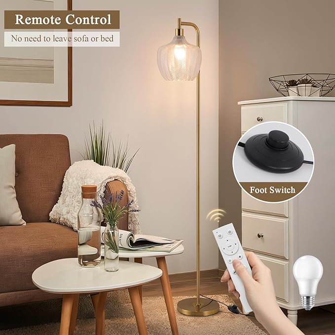 JERANDO Gold Floor Lamp for Living Room, Modern Standing Lamp with Remote, Dimmable Clear Glass Tall Lamp, Mid Century Vintage Floor Lamps for Bedroom, Study Room (Clear)