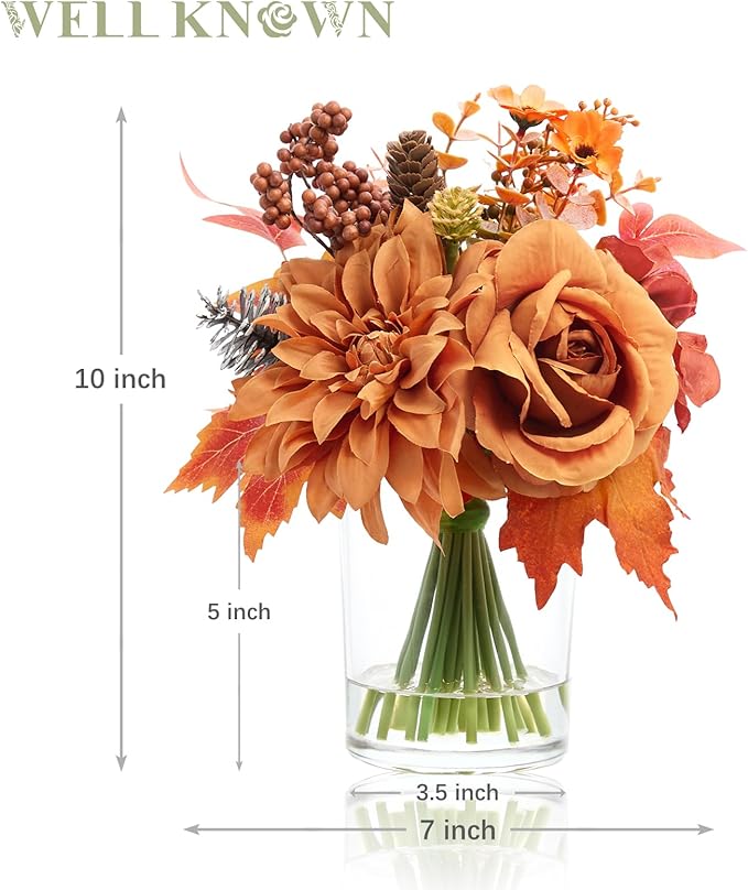 WELL KNOWN Artificial Flowers in Glass Vase, Burnt Orange Silk Rose Dahlia Flower Pine Berry Bouquet with Fake Water for Winter Home Dinning Coffee Table Wedding Chritmas Party Kitchen Decor & Gift