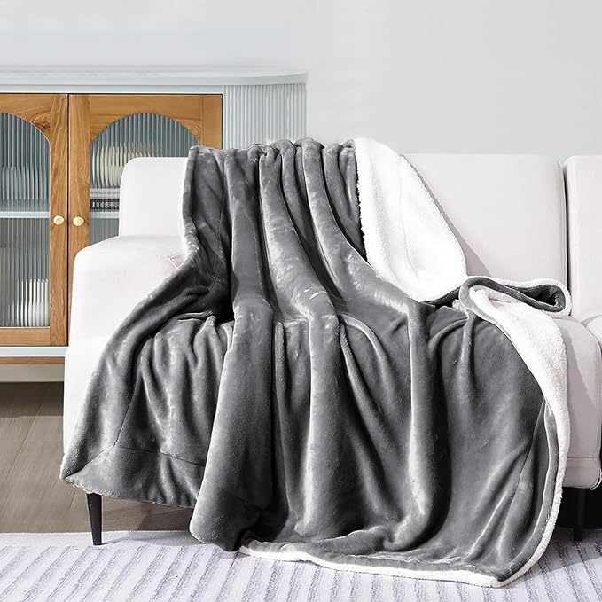 MOONLIGHT20015 Sherpa Blankets Queen Size - (Grey, 90X90 Inches) Fuzzy, Soft and Wool/Fleece Blanket for Bed, Fluffy Blankets for Winter, Camping and Travel