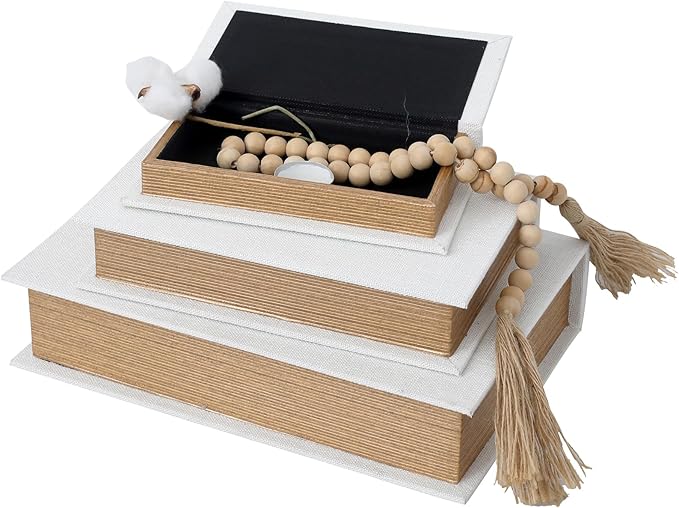 Decorative Book Boxes Set of 3 – Modern Faux Linen & Wood Hidden Storage for Coffee Table – Stackable Fake Books for Shelf Decor, Remote Control & Jewelry Organizer (Off White)