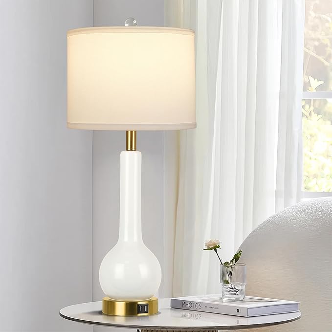 ROTTOGOON 27.5'' Tall Ceramic Table Lamp Set of 2 for Living Room, 3 Color Temperatures Bedroom Lamps with 2 USB Ports, Modern White Bedside Lamps for Night Stands (Bulbs Included)