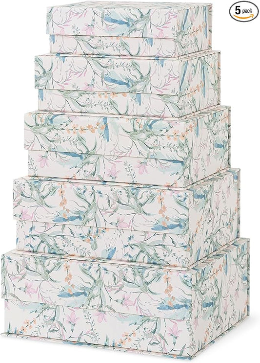 Soul & Lane Decorative Cardboard Storage Boxes with Lids - Set of 5, Floral Nesting Keepsake and Memory Boxes, Organizers with Magnetic Closure for Home Décor and Gifts, Meadow Mist