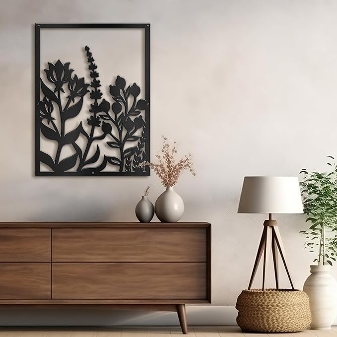 SIGNLEADER Metal Wall Art Decor Botanical Flowers Minimalist Modern Abstract Wall Sculpture Hangings Home Decoration for Living Room, Bedroom, Bathroom, Kitchen, Outdoor - 18" Black
