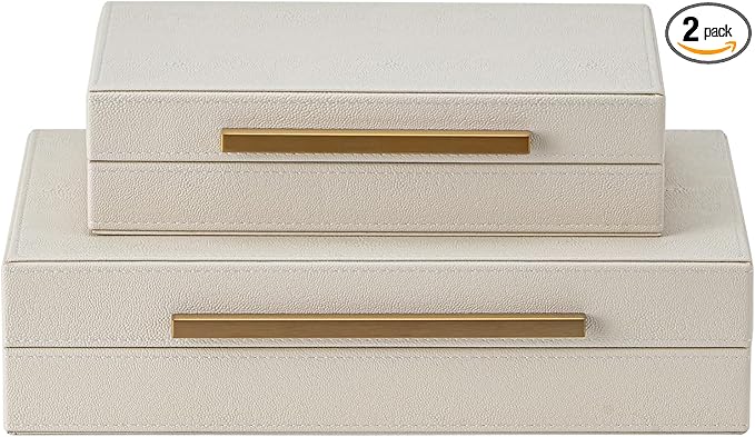 Faux Leather Large Modern Stackable Nesting Jewelry Box with Lids Organizer – Set of 2 Beige Shagreen Decorative Storage Boxes with Gold Metal Handles