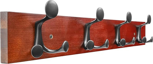 SKOLOO 24-Inch Cherry Wood Coat Rack Wall Mount with 4 Triple Hooks - Ideal for Family Entrances, Classrooms, and Pet Supplies Storage - Perfect Coat Hooks for Wall