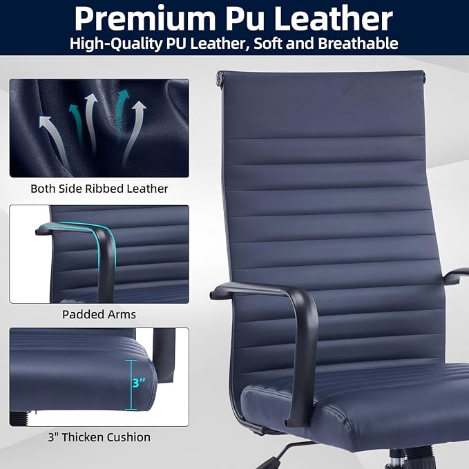 Haranuo Office Chair, Ergonomic Executive Conference Room Chairs, Ribbed Leather Desk Chair with Lumbar Support, Adjustable Height Mid-Back Swivel Chair with Padded Seat