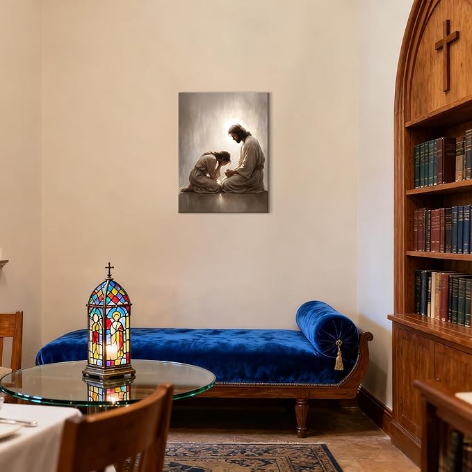 Jesus and Woman Wall Art, Christian Repentance and Forgiveness Canvas Painting, Sacred Heart Biblical Wall Decor Pictures Religious Poster Prints for LDS Home Living Room Prayer Room 12×16 in Framed
