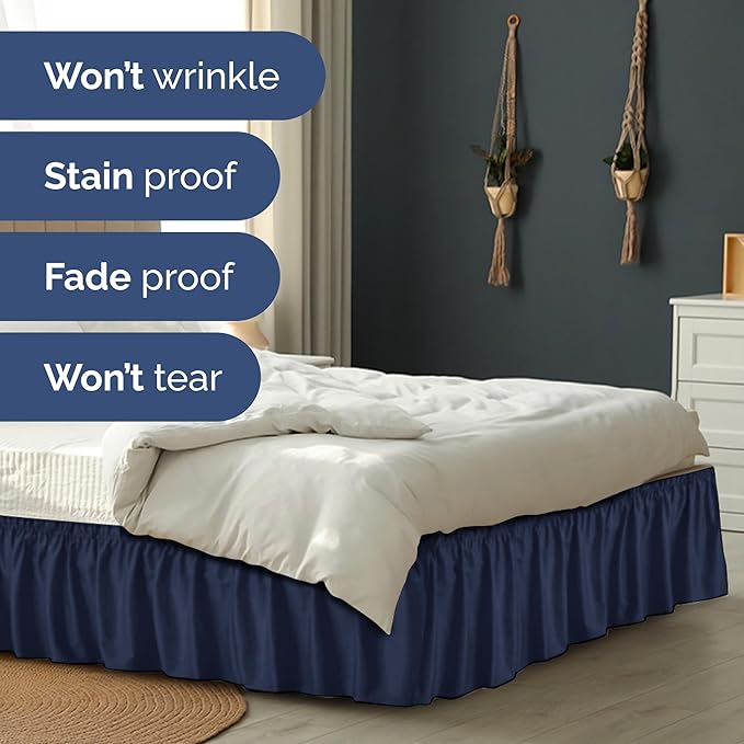 Wrap Around Dust Ruffle Bed Skirt - Navy Blue - for King Size Beds with 21 Inch Drop - Elastic Strap - Adjustable Pleated Bedskirt with Brushed Fabric and Wrinkle Free - for Women, Men, Kids & Teens