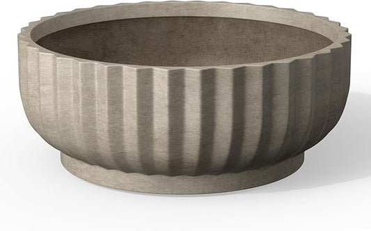 Kante Round Fulted Bowl Planter, 14.6 Inch Dia Large Concrete Flower Pots with Drainage Hole and Rubber Plug, Suitable for for Indoor Outdoor Plants, Home, Patio, Garden, Weathered Concrete