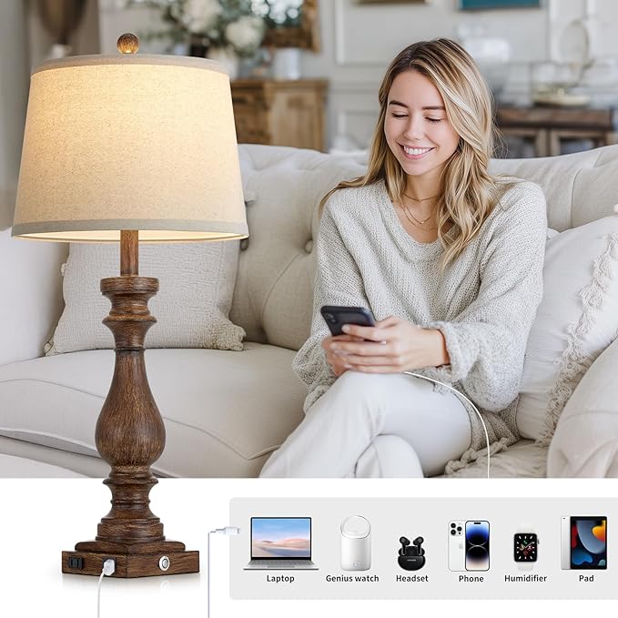 29" Farmhouse Brown Table Lamp for Living Room Set of 2,Vintage Bedside Nightstand Lamps with USB C+A Ports & AC Outlet,3-Way Dimmable Touch Retro Lamp for Bedroom,Brown