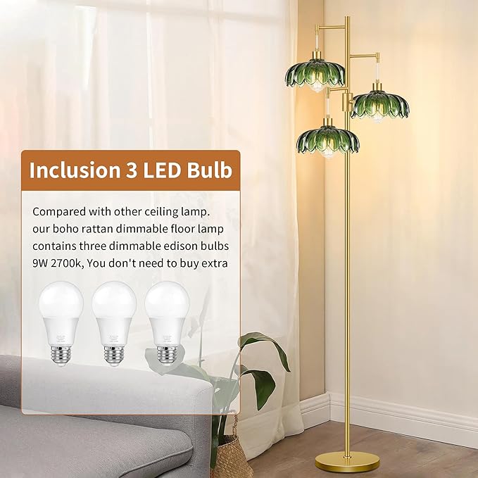 WLQCWL Vintage Floor Lamps for Living Room Bedroom-3 Light Dimmable Gold Floor Lamp with Glass Lampshape, Flower Tall Lamp Modern Mid Century Standing Lamp Green Tree Floor Lamp for Bedroom Corner