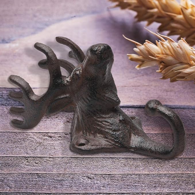 BRASSTAR Vintage 2PCS Cast Iron Deer Head Antlers Wall Hooks/Hanger - Living Room Bathroom Room Kitchen Wall Decoration Coat Hooks Rustic PTZY226-02
