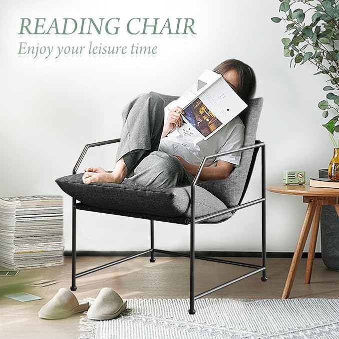 Accent Chair Living Room Chairs Comfy Reading Chair for Bedroom Upholstered Lounge Chair Mid Century Modern Arm Chair Sling Accent Chairs for Living Room Side Sofa Chair Fabric Armchair(Charcoal, 1)