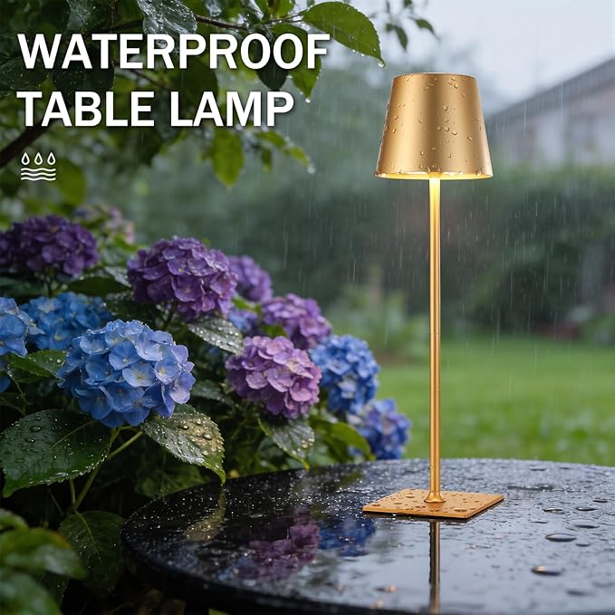 Gold Cordless Rechargeable Table Lamp, 2 Pack Portable Desk Lamp with 5000mAh Battery, Touch Control Stepless Dimming, Wireless Night Light for Dining, Outdoor Camping, Coffee Shop, Waterproof Design