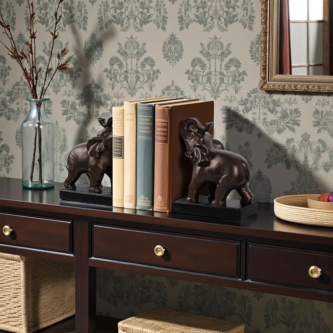 Elephant Decorative Bookends, Bookends for Shelves, Book Ends for Heavy Books with Anti-Slip Pad for Book Lovers Heavy Book Holder for Home Office Decor (Bronze)