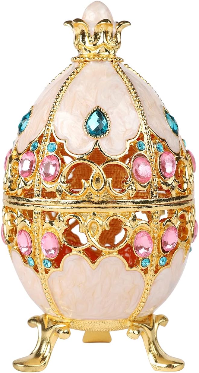 Trinket Box with Hinged White Hollow Out Easter Egg Enamel Jewelry Box Classic Ornaments Metal Craft Gift for Home Decor