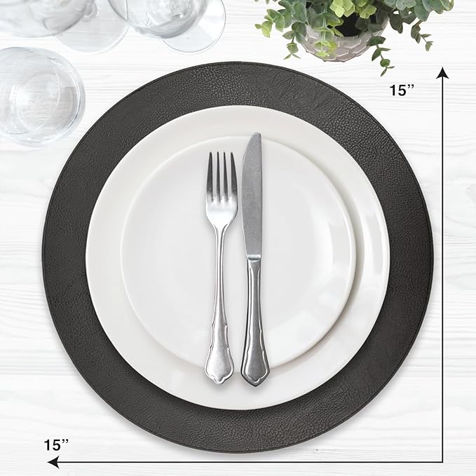 Morgan Faux Leather Round Set of 12 Placemats, 15", Black, Heat Resistant, Stain Resistant, Non-Slip, Reversible, Durable Table Mats for Kitchen, Dining Table, Indoor Washable Use