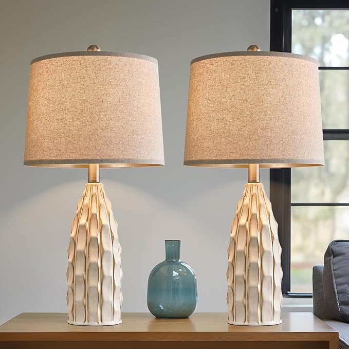 Ceramic Table Lamps Set of 2, 23.75" Modern Farmhouse Bedside Lamp - Cream Nightstand Lamps for Bedroom, Boho Living Room End Tables, Small Office Desk Lamp Decor