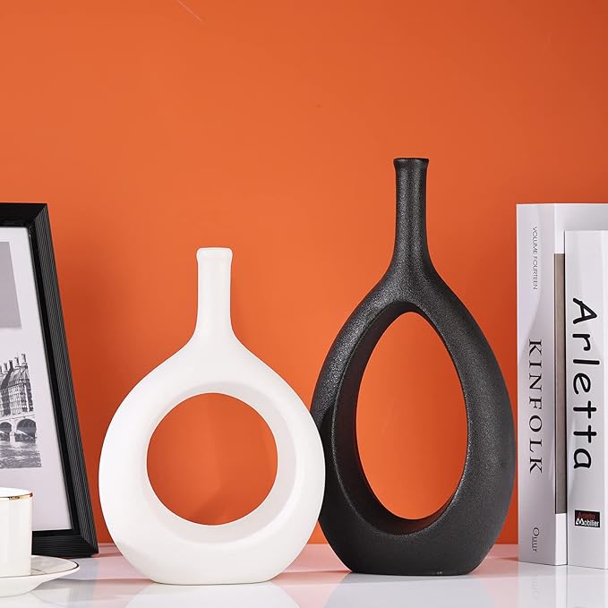 Black White Ceramic Vase Set 2,Modern Hollow Circle with Hole Flower Vase for Home Decor,for Table Centerpieces,Farmhouse,Fire Place,Living Room,Bedroom,Office,Bookshelf,Rustic Decor