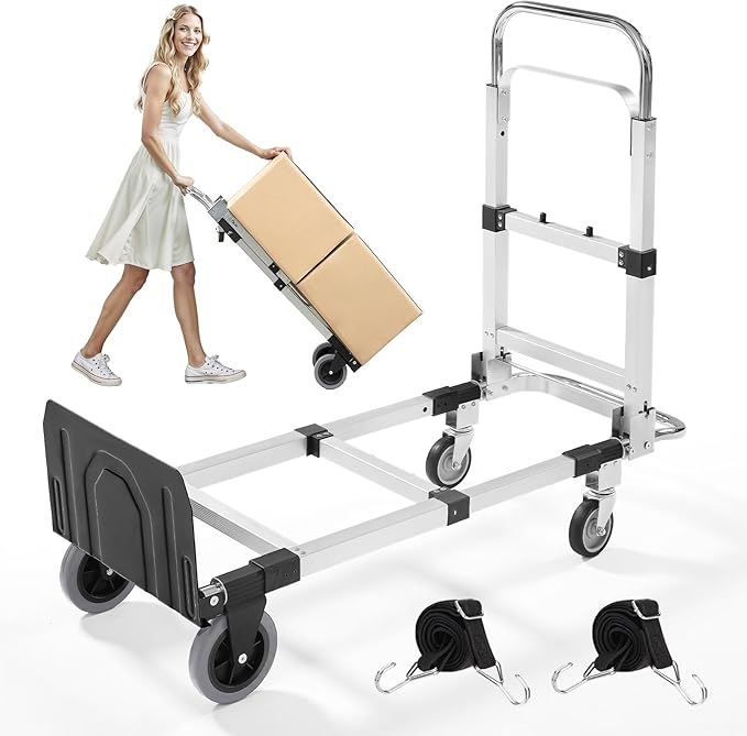 3 in 1 Aluminum Folding Hand Truck Dolly Cart with Wheels 600 Lbs Capacity Collapsible Heavy Duty Convertible Trolley with Retractable Handle for Moving Home Warehouse Office Camping (Black)