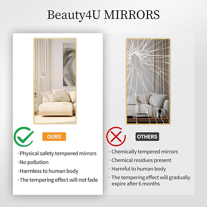 Beauty4U 59" x 16" Tall Full Length Mirror with Stand, Gold Wall Mounting Full Body Mirror, Metal Frame Full-Length Tempered Mirror for Living Room, Bedroom