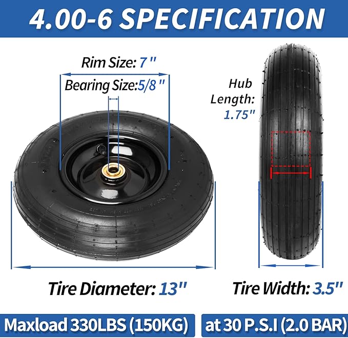 4.00-6 Tire and Wheel, 13" Wheelbarrow Pneumatic Tire, 5/8" & 3/4" Bearings, 1.75-6" Centered Hub,Sealed Bearings for Wheelbarrows Trolley Dolly Garden Wagon Cart Wheel Replacement