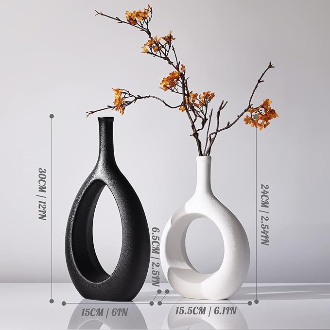 Black White Ceramic Vase Set 2,Modern Hollow Circle with Hole Flower Vase for Home Decor,for Table Centerpieces,Farmhouse,Fire Place,Living Room,Bedroom,Office,Bookshelf,Rustic Decor