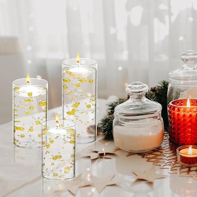 6 Set Glass Cylinder Vase with 8 Artificial Pearl String 12 White Floating Candle Multi-Size Cylinder Vase for Centerpieces 4"+ 6" + 8" Glass for Wedding Party Table Decor(6 Pcs-Gold)