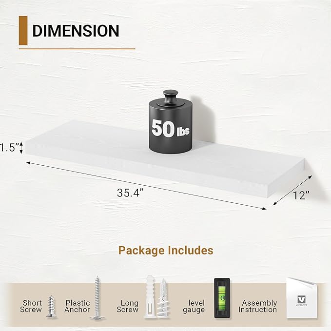 Vivelove White Floating Shelves 12 Inches Deep, [Wood Grain Texture] 35.4x12 Floating Shelves for Wall with Invisible Brackets, Room Shelves for Living Room Bedroom Bathroom Kitchen Office, Set of 2