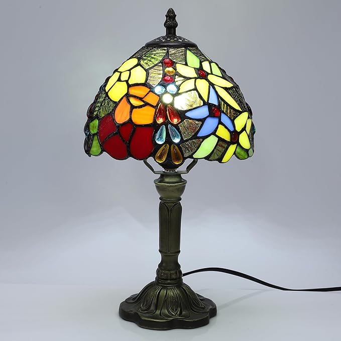 Tiffany Lamp Rose Flower Stained Glass Table Lamp,3 Color-Temperature Nightstand Bedside Home Office Desk Lamp Accent Lamp for Living Room,Bedroom,Hotel+LED Bulb,8X8X15 Inch
