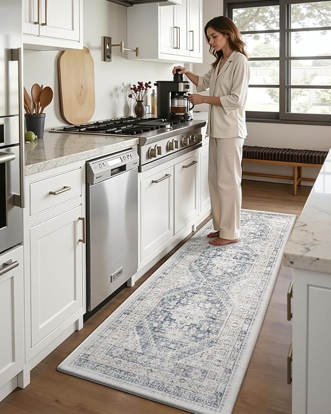DEXI Kitchen Floor Mats Anti Fatigue, 23x86 Large Long Cushioned Vintage Runner Rug Waterproof, Standing Comfort Memory Foam Padded for Front Sink Laundry Office, White