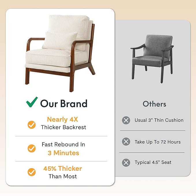 FLEXISPOT AC1 Accent Chair, Mid-Century Modern Armchair with Wood Frame, Comfy Corduroy Upholstered Reading Chair with Lumbar Pillow, 8" Thick Cushion for Living Room Bedroom Sunroom(White)
