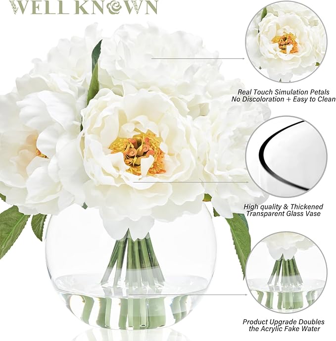 Artificial Flowers in Vase, Silk White Peonies Flowers with Globe Glass Vase & Faux Water, Fake Flower Arrangement for Home Dining Table Centerpieces Winter Spring Chritmas Wedding Party Decor Gift
