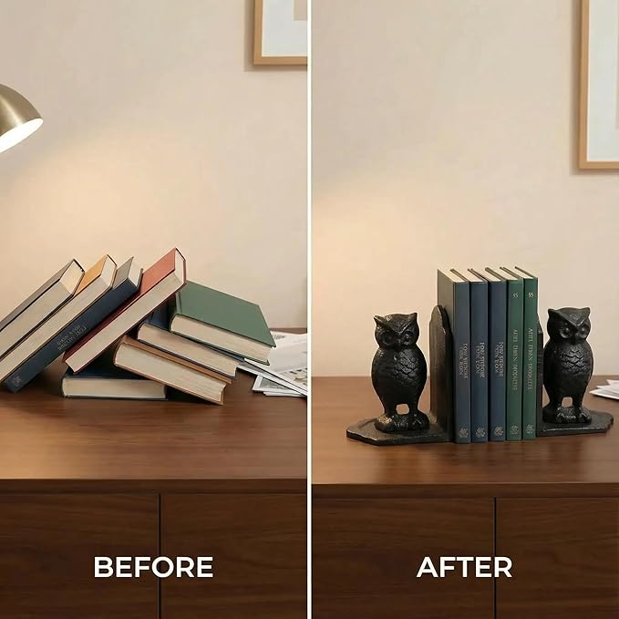 Comfy Hour Owl Decorative Bookends, Unique Vintage Animal Book Ends for Shelves, 9.65" Tall, Heavy Duty Resin Book Stopper for Books, Farmhouse Home Office Bookshelf Decor, 1 Pair, Bronze & Blac