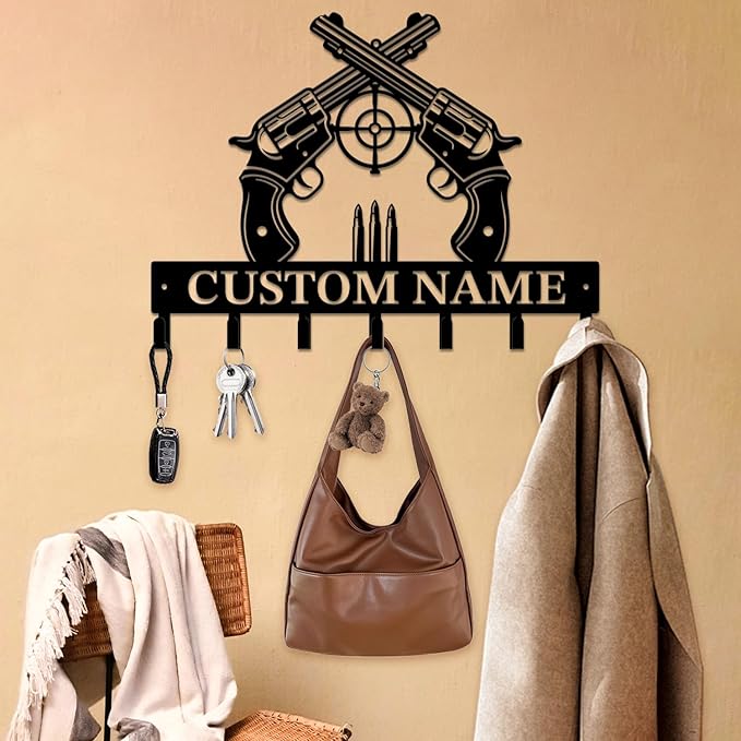 Personalized Custom Name Gun Wall Hooks,Metal Gun Room Art Clothes Hooks,Metal Gun Wall Home Storage Decorative,For Front Door, Hallway, Kitchen, Bedroom,Keys,Hats (Style I)