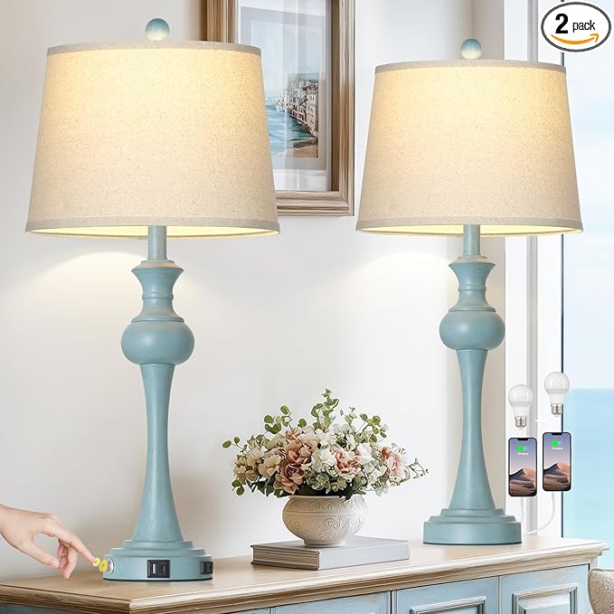 29" Coastal Table Lamp Set of 2, 3-Way Dimmable Touch-Control Bedside Lamps with USB-A+C Ports, Vintage Farmhouse Nightstand Lamps for Bedroom, Retro Blue (Includes 2 LED Bulbs)
