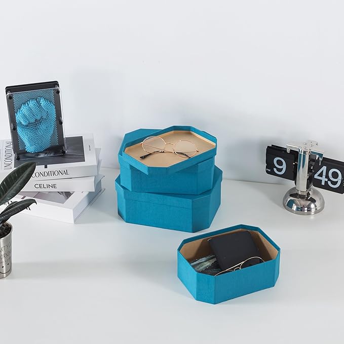 Soul & Lane Octagon Textured Decorative Storage Boxes in Blue, Set of 3 Nesting Durable Cardboard Memory Boxes for Keepsakes, Gifts, Organizing, and Home Decor