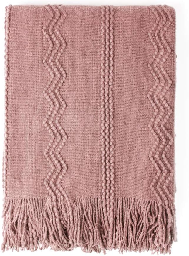 BOURINA Coral Pink Throw Blanket 50 x90 Inches Textured Solid Soft Sofa Throw Bed Runner Knitted Decorative Blanket
