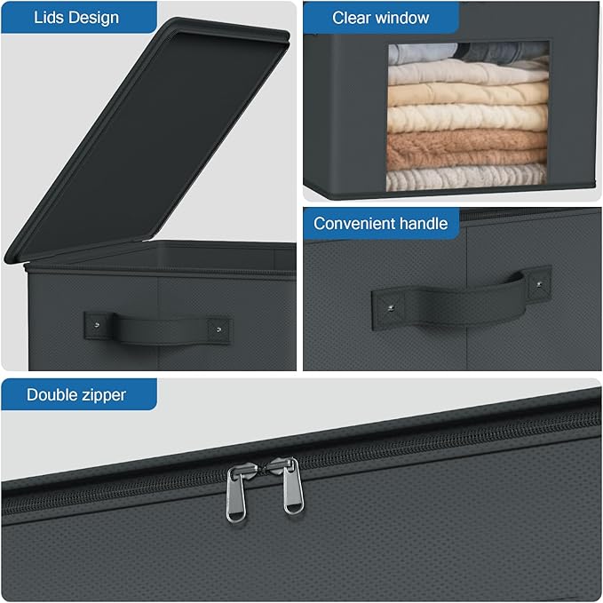 Zilink Fabric Organizer Bins with Lids 4-Pack Collapsible Stackable Storage Bins with Zipper & Clear Window Closet Organizer Storage Bins for Home, Office, Bedroom (Dark Grey,17" x 12" x 12")
