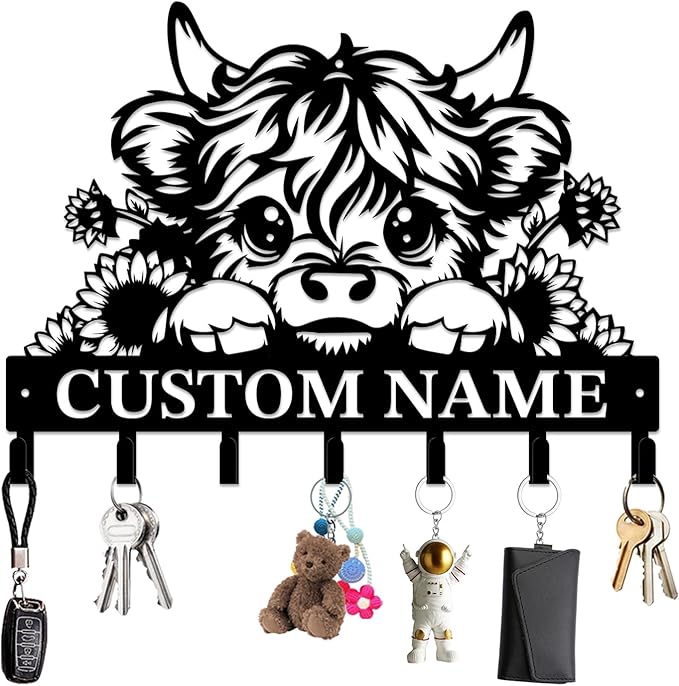 magilab Personalized Custom Highland Cow Wall Hooks,Metal Highland Cow Art Clothes Hooks,Metal Highland Cow Wall Home Storage Decorative,for Front Door, Hallway, Kitchen, Bedroom,Keys,Hats (Style A)