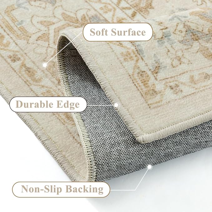 PureCozy 2x8 Beige Runner Rug Vintage Area Carpet Hallway Indoor Kitchen Washable Low Pile Traditional Distressed Retro Accent Throw Boho Rug Non Slip for Laundry Bathroom Office