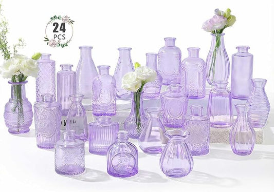 BEAHOT 24 Pack Purple Flower Vase in Bulk,Mini Vintage Glass Bud Vases for Centerpieces,Wedding Decor,Party & Home Decaration,Mother's Day (Purple)