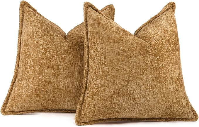 DEZENE Pack of 2 Golden Brown Decorative Throw Pillow Covers 20x20 Cozy Soft Polyester Accent Vintage Square Couch Pillow Covers for Home Decor Bed Sofa Living Room