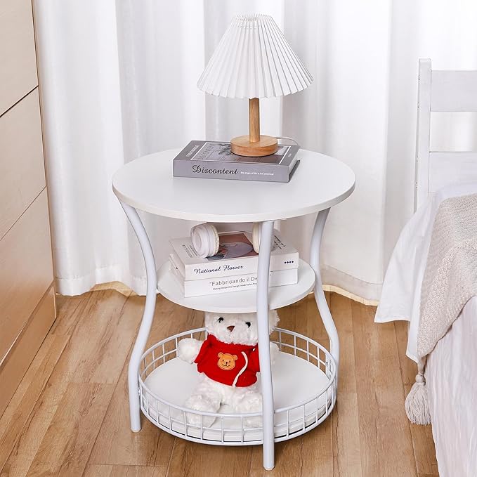 Round Side Table, 3-Tier End Table with Storage Shelf,White Accent Sofa Table for Small Spaces,Corner Round Coffee Table for Living Room, Bedroom,19.6 inch Diameter