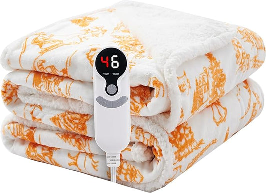 LUXIAN Electric Heated Blanket Throw Size 50"x60" - Flannel & Sherpa Fabric Dual-Sided, 9 Heat Settings & 1-3 Hours Auto Off, Machine Washable,Christmas Santa Forest, Orange and White