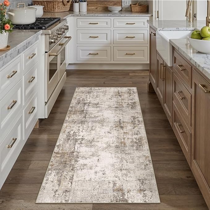 WondRg 2x6 Washable Runner Rug Brown Grey Abstract Hallway Kitchen Throw Rug Neutral Modern Non Slip Soft Low Pile Carpet for Bathroom Laundry Bedroom Living Room