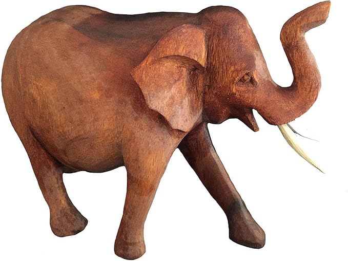 OMA Elephant Statue Solid Wood Hand Carved Lucky Trunk Up Elephant Figurine Home Decor (Large)