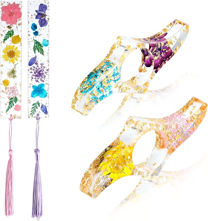 Rohuis Book Page Holder for Reading, 4Pcs Dried Flower Resin Thumb Saver and Transparent Bookmarks with Tassels, Book Accessories for Reading Lovers, Gift for Bookworm, Student, Teacher